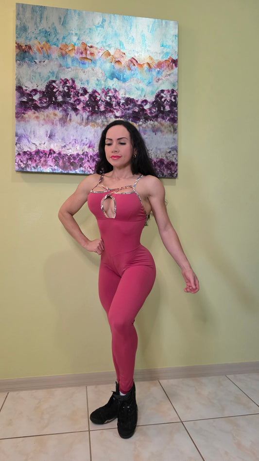 SCRUNCH BOOTY BURGUNDY AND BEIJE SNAKE DETAIL JUMPSUIT, NO RETURN