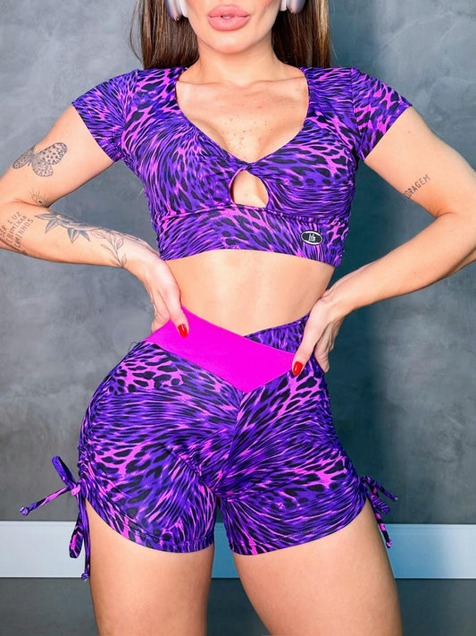 SCRUNCH BOOTY PURPLE PRINT AND PINK DETAIL LACE SHORTS