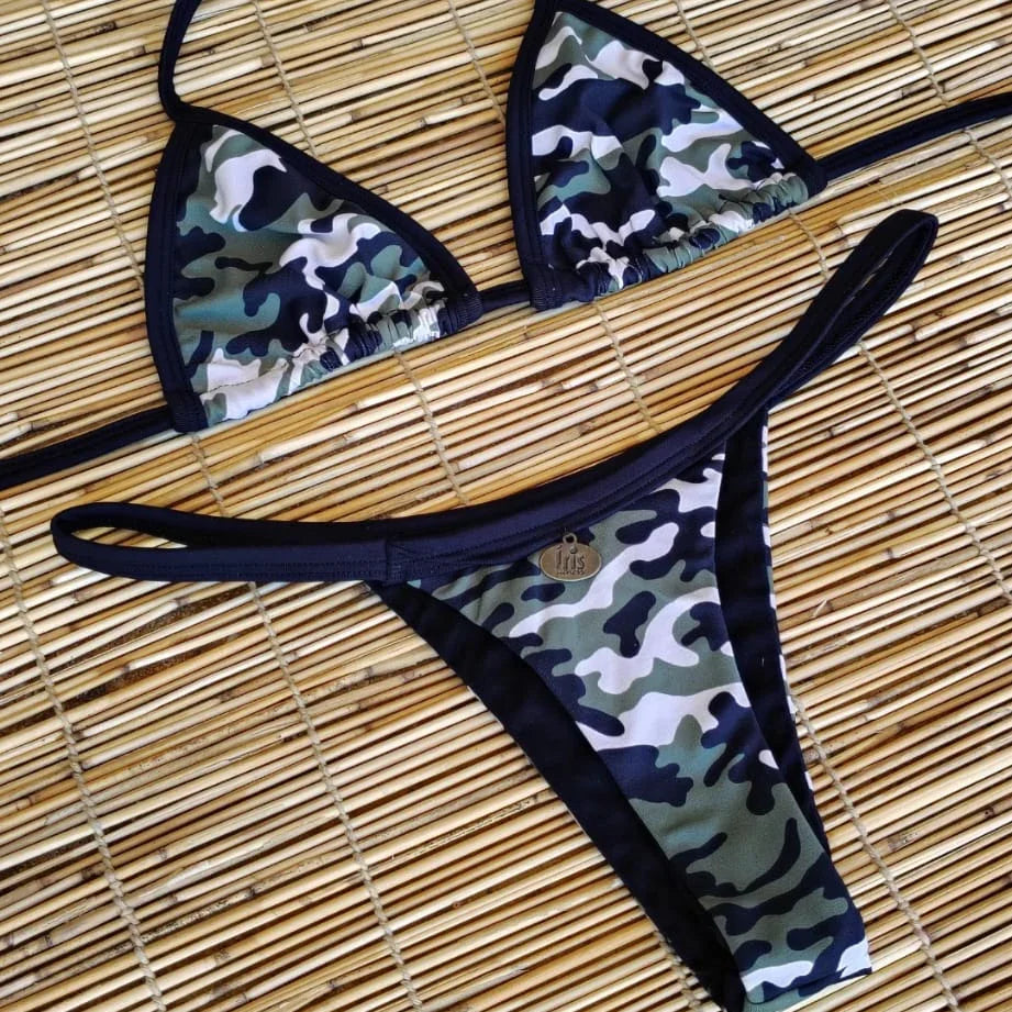GREEN AND BLACK CAMOUFLAGE THONG BIKINI - NO RETURN