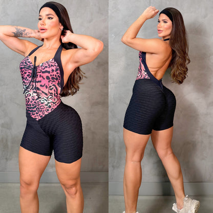 SCRUNCH BOOTY BLACK WAVE AND PRINT LEOPARD SHORT JUMPSUIT