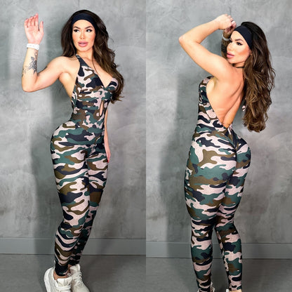 SCRUNCH BOOTY GREEN CAMOUFLAGE LONG JUMPSUIT