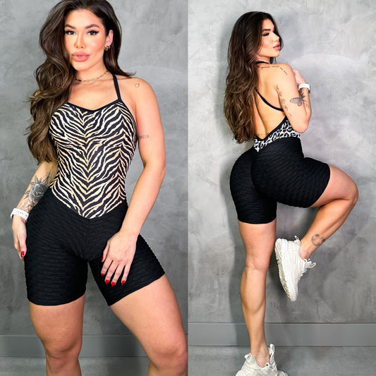 SCRUNCH BOOTY BLACK WAVE AND ZEBRA SHORTS JUMPSUIT