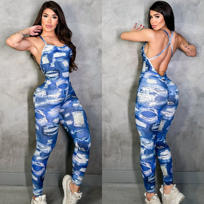 SCRUNCH BOOTY BLUE FAKE JEANS JUMPSUIT, NO RETURN