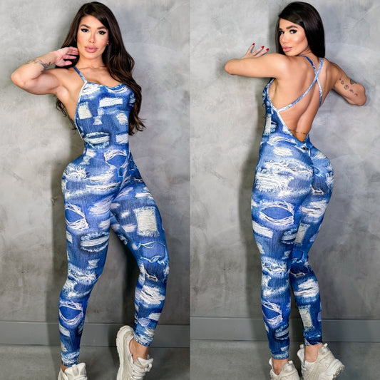 SCRUNCH BOOTY BLUE FAKE JEANS JUMPSUIT