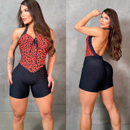 SCRUNCH BOOTY BLACK WAVE AND RED LEOPARD SHORT JUMPSUIT
