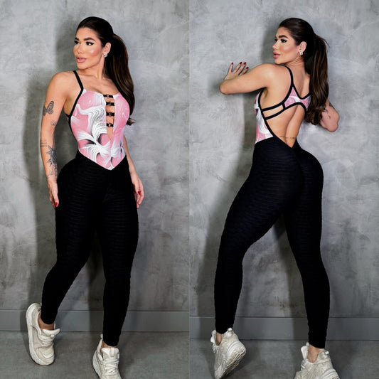 SCRUNCH BOOTY BLACK WAVE AND PINK PRINT DETAIL JUMPSUIT NO RETURN