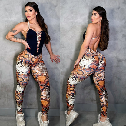 SCRUNCH BOOTY BROWN SNAKE AND BLACK RINGS JUMSUIT, NO REURN