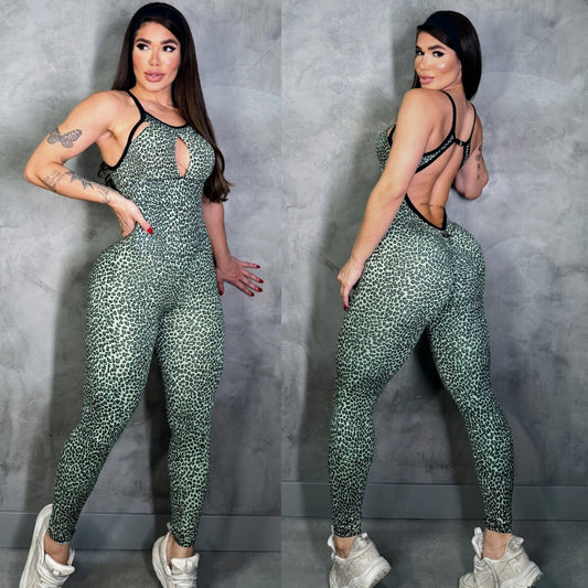 SCRUNCH BOOTY BABY GREEN LEOPARD JUMPSUIT