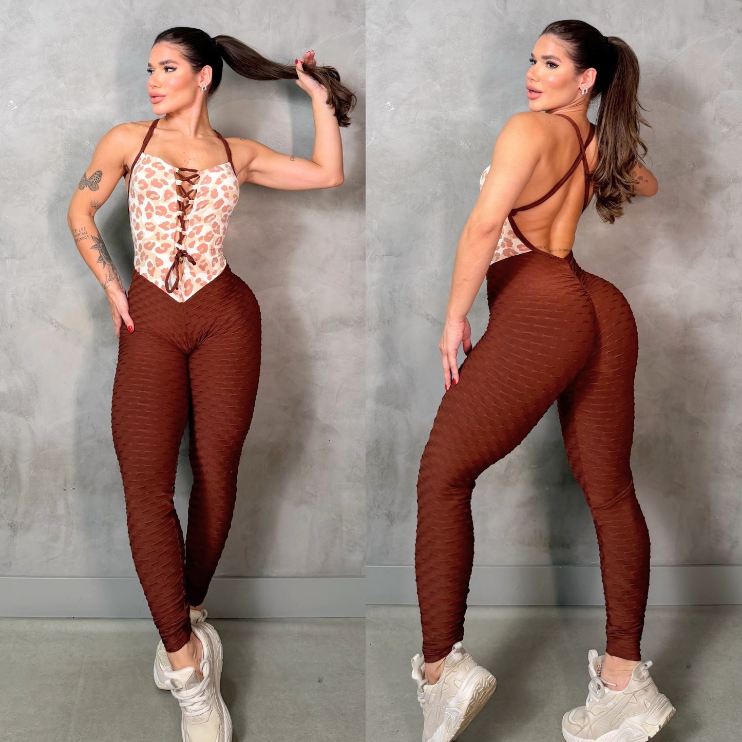 SCRUNCH BOOTY BROWN AND ROSE PINK LONG JUMPSUIT