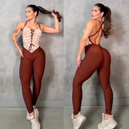 SCRUNCH BOOTY BROWN AND ROSE PINK LONG JUMPSUIT