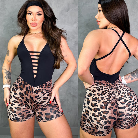 SCRUNCH BOOTY BROWN AND BLACK SHORTS JUMPSUIT