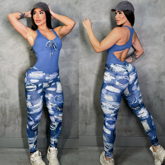 SCRUNCH BOOTY FAKE JEANS AND BLUE LACE JUMPSUIT