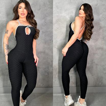 SCRUNCH BOOTY BLACK WAVE AND WHITE POLK DOTS DETAIL JUMPSUIT NO RETURN