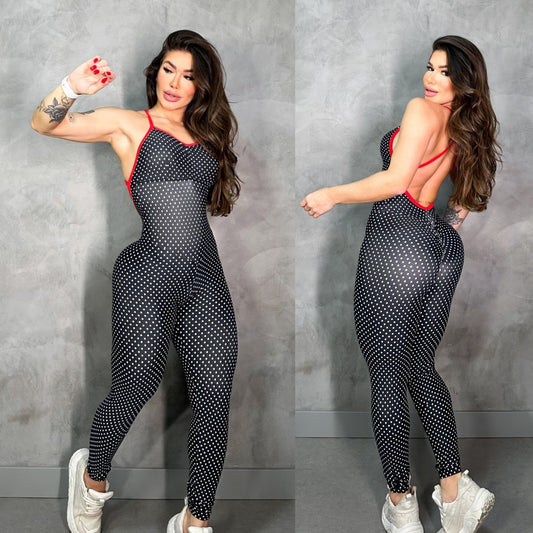 SCRUNCH BOOTY BLACK POLK DOT AND RED DETAIL JUMPSUIT