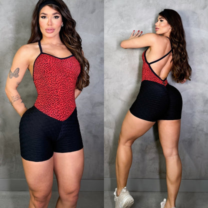 SCRUNCH BOOTY RED TEETH AND BLACK WAVE SHORTS JUMPSUIT