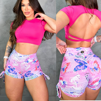 SCRUNCH BOOTY PINK BUTTERFLY SHORT SET