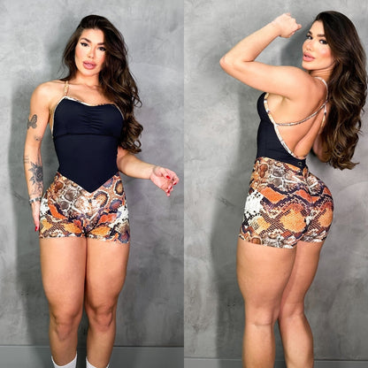 SCRUNCH BOOTY ORANGE SNAKE BLACK SHORTS JUMPSUIT