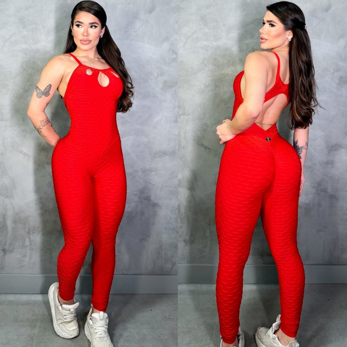 SCRUNCH BOOTY RED WAVE FRONT DETAIL JUMPSUIT, NAO TETURN