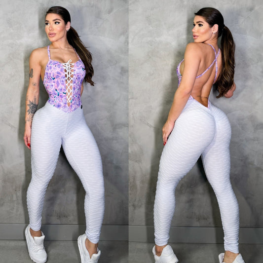 SCRUNCH BOOTY WHITE WAVE AND LILAC PRINT JUMPSUIT
