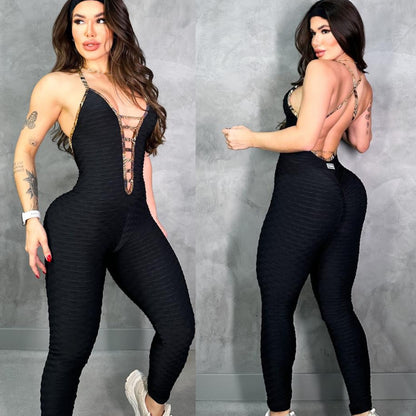 SCRUNCH BOOTY BLACK WAVE AND GOLD PRINT DETAIL JUMPSUIT NO RETURN