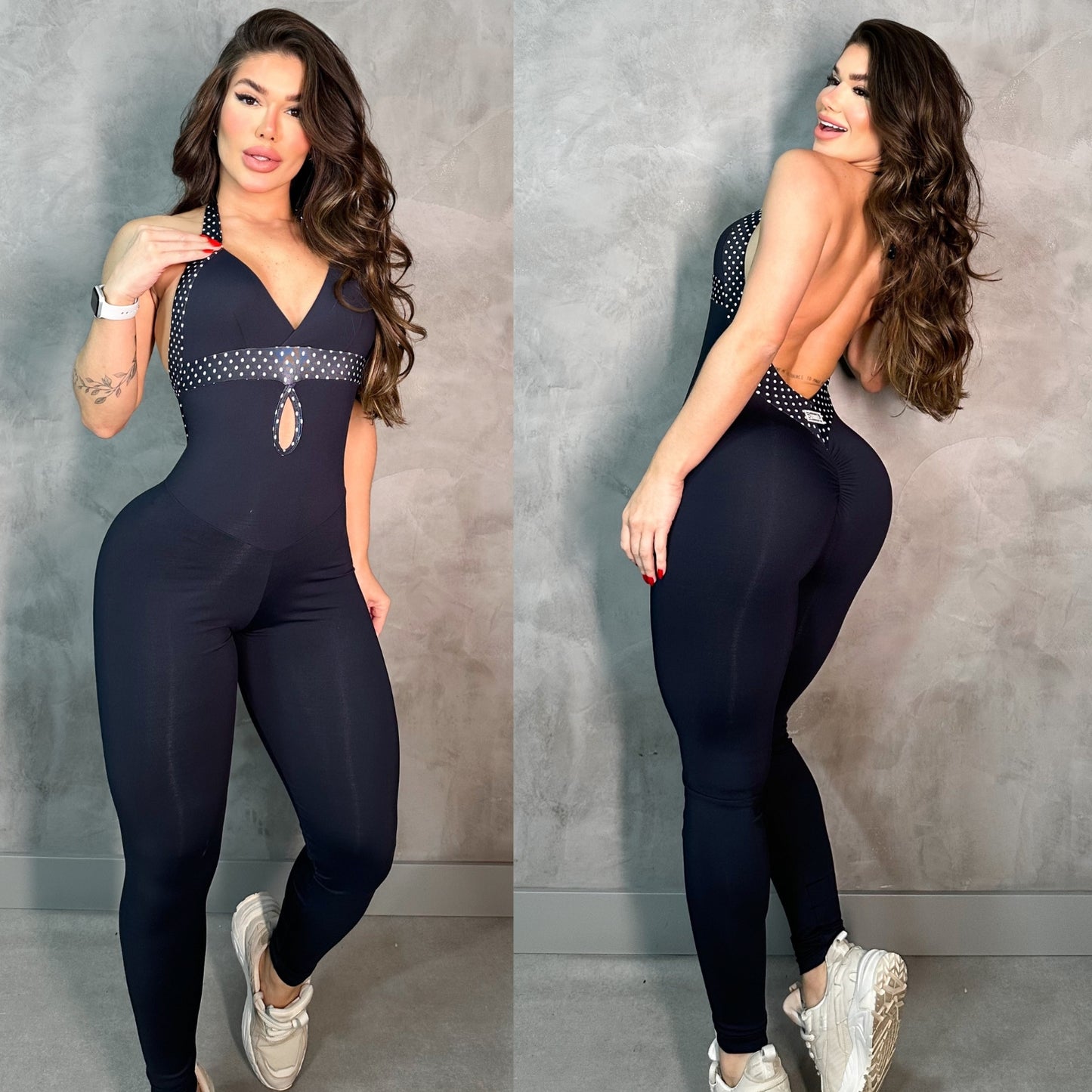 SCRUNCH BOOTY BLACK WAVE AND POLK DOTS DETAIL JUMPSUIT NO RETURN