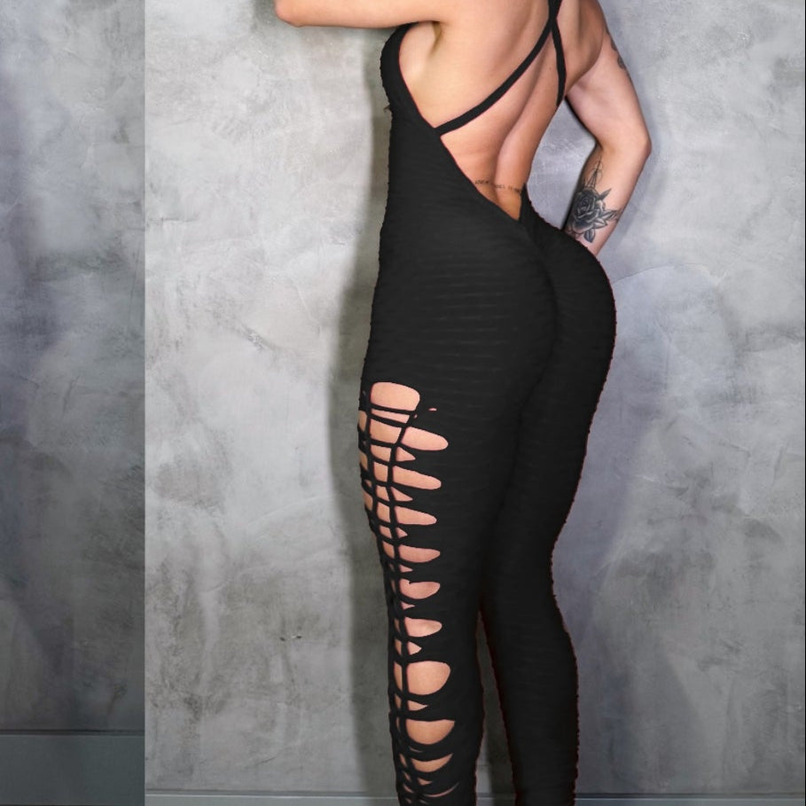 SCRUNCH BOOTY BLACK WAVE RIPPED JUMPSUIT, NO RETURN