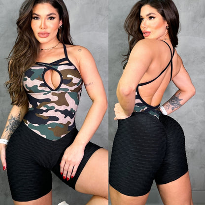 SCRUNCH BOOTY BLACK WAVE AND CAMOUFLAGE SHORTS JUMPSUIT