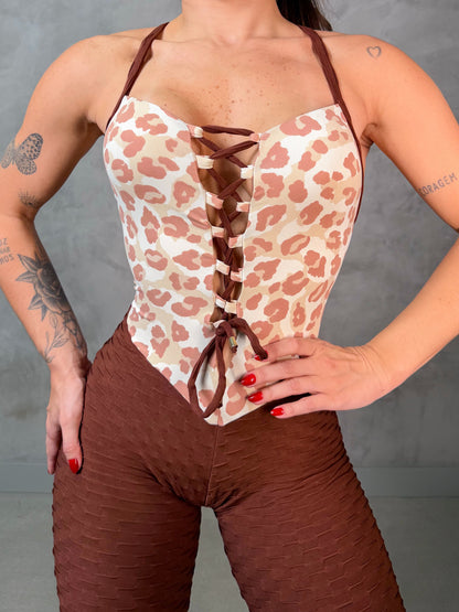 SCRUNCH BOOTY BROWN AND PRINT ROSE SHORT JUMPSUIT