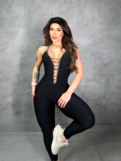 SCRUNCH BOOTY BLACK WAVE AND GOLD PRINT DETAIL JUMPSUIT NO RETURN