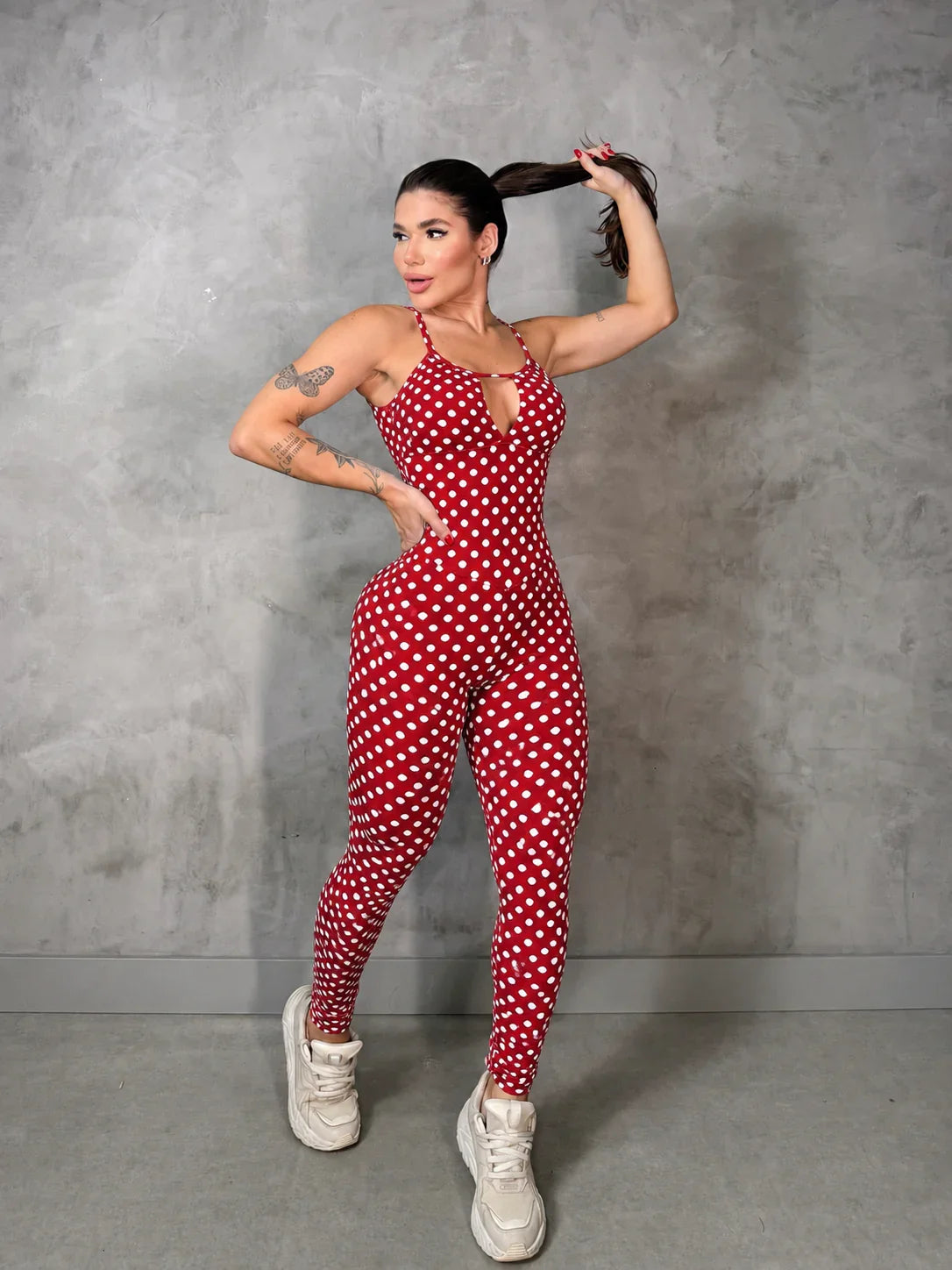 SCRUNCH BOOTY RED POLK DOTS GABBY JUMPSUIT, NO RETURN