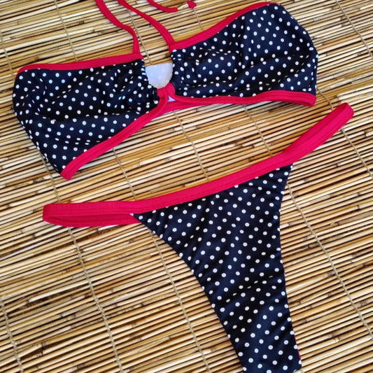 BLACK AND WHITE POLK DOTS THONG BIKINI - NO RETURN