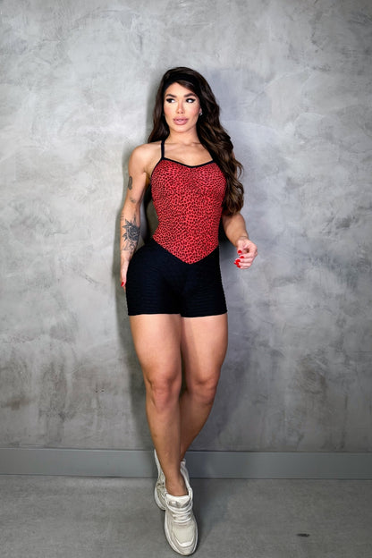 SCRUNCH BOOTY RED TEETH AND BLACK WAVE SHORTS JUMPSUIT