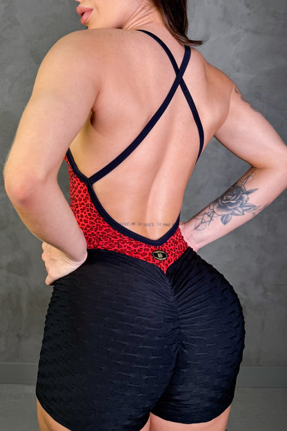 SCRUNCH BOOTY RED TEETH AND BLACK WAVE SHORTS JUMPSUIT