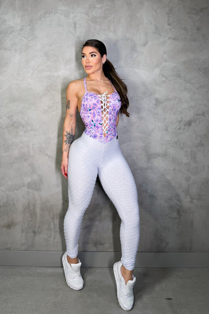 SCRUNCH BOOTY WHITE WAVE AND LILAC PRINT JUMPSUIT
