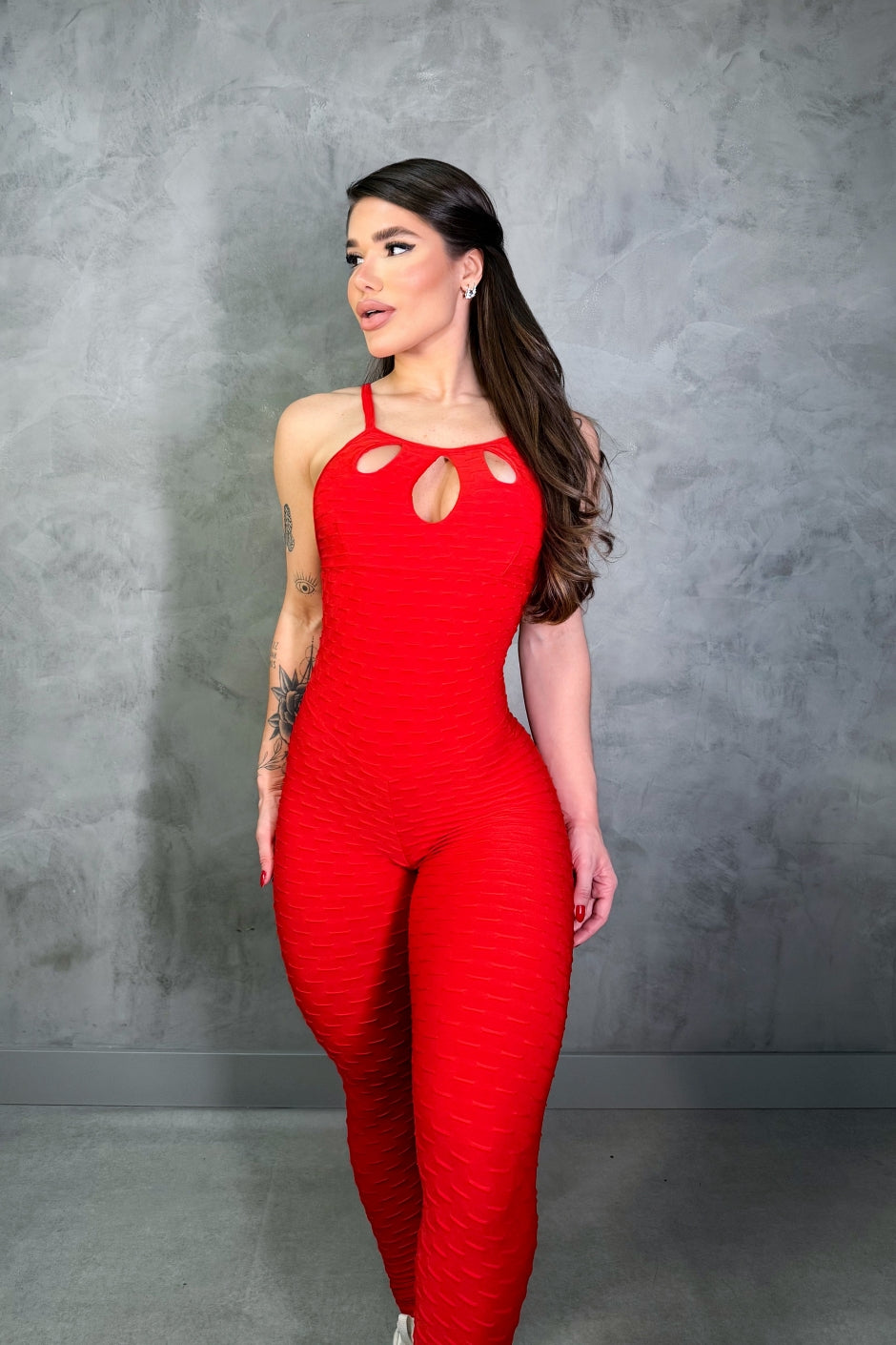 SCRUNCH BOOTY RED WAVE FRONT DETAIL JUMPSUIT, NAO TETURN