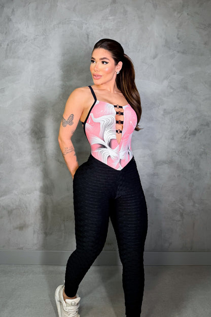 SCRUNCH BOOTY BLACK WAVE AND PINK PRINT DETAIL JUMPSUIT NO RETURN