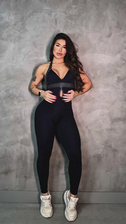 SCRUNCH BOOTY BLACK WAVE AND POLK DOTS DETAIL JUMPSUIT NO RETURN