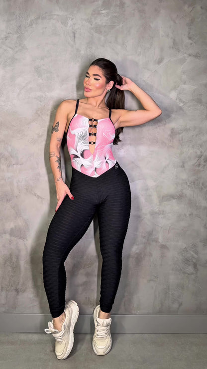 SCRUNCH BOOTY BLACK WAVE AND PINK PRINT DETAIL JUMPSUIT NO RETURN