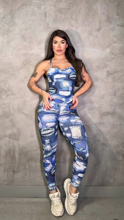 SCRUNCH BOOTY BLUE FAKE JEANS JUMPSUIT, NO RETURN