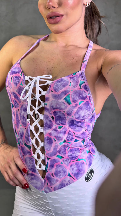 SCRUNCH BOOTY WHITE WAVE AND LILAC PRINT JUMPSUIT